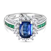 Natural Kashmir Kyanite, Zircon & Zambian Emerald Ring in Rhodium Overlay Sterling Silver 3.00 Ct.