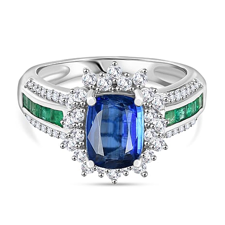 Natural Premium Kashmir Kyanite, Zircon & Zambian Emerald Ring in Rhodium Overlay Sterling Silver 3.00 Ct.