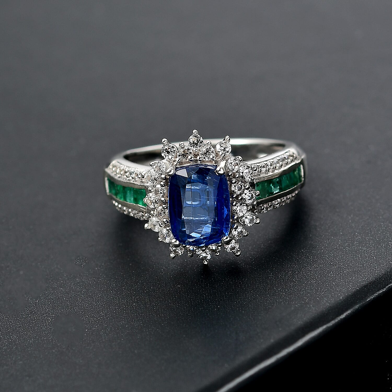 Natural Premium Kashmir Kyanite, Zircon & Zambian Emerald Ring in Rhodium Overlay Sterling Silver 3.00 Ct.