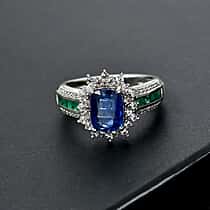 Natural Kashmir Kyanite, Zircon & Zambian Emerald Ring in Rhodium Overlay Sterling Silver 3.00 Ct.