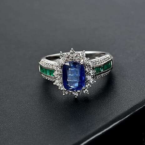 Natural Kashmir Kyanite, Zircon & Zambian Emerald Ring in Rhodium Overlay Sterling Silver 3.00 Ct.