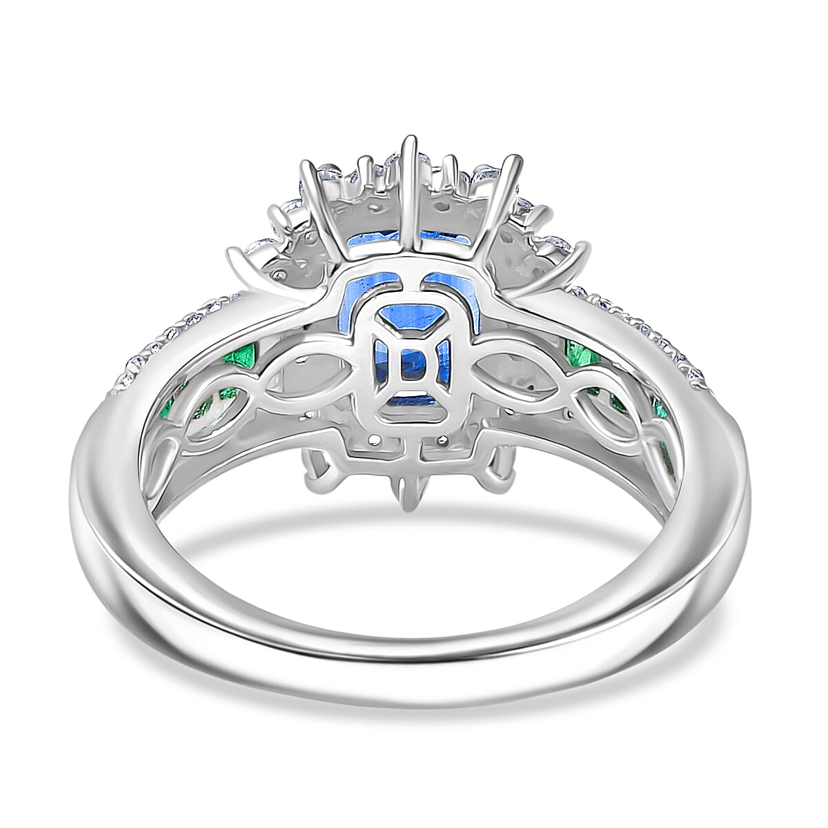 Natural Premium Kashmir Kyanite, Zircon & Zambian Emerald Ring in Rhodium Overlay Sterling Silver 3.00 Ct.