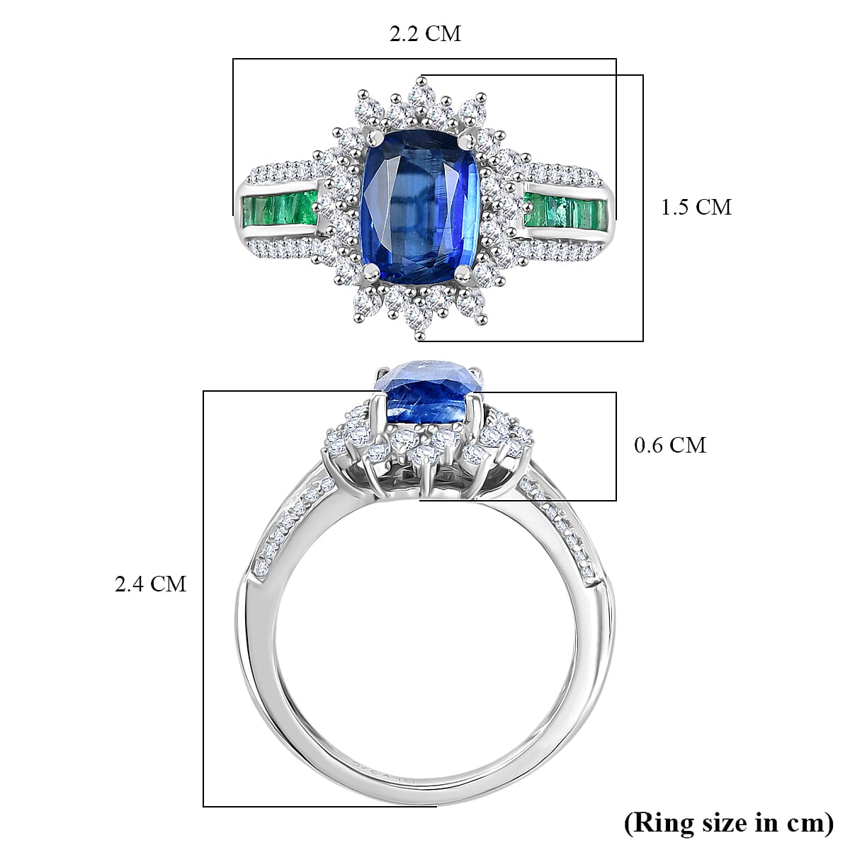 Natural Premium Kashmir Kyanite, Zircon & Zambian Emerald Ring in Rhodium Overlay Sterling Silver 3.00 Ct.