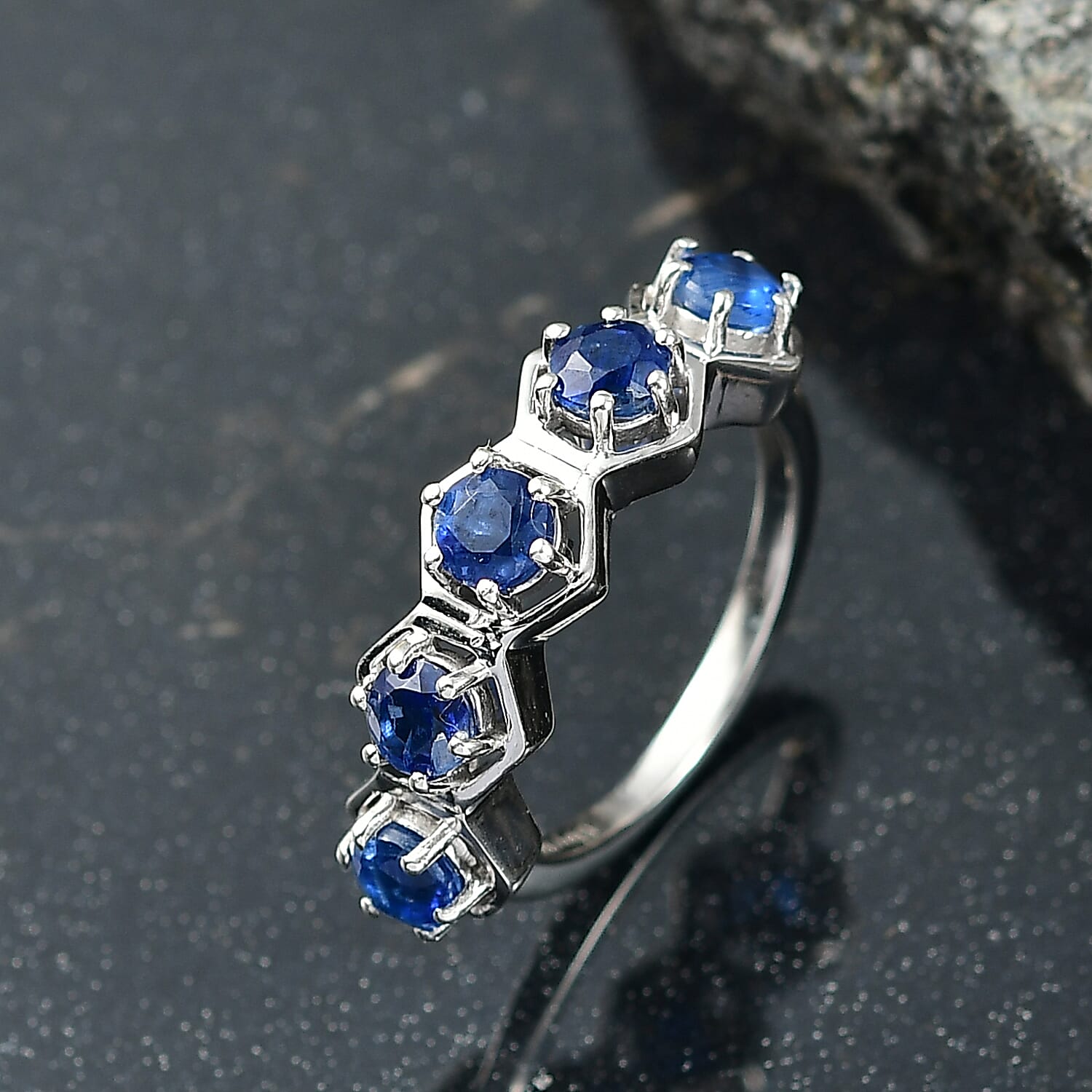 Natural Kashmir Kyanite 5 Stone Ring in Platinum Overlay Sterling Silver 1.90 Ct.