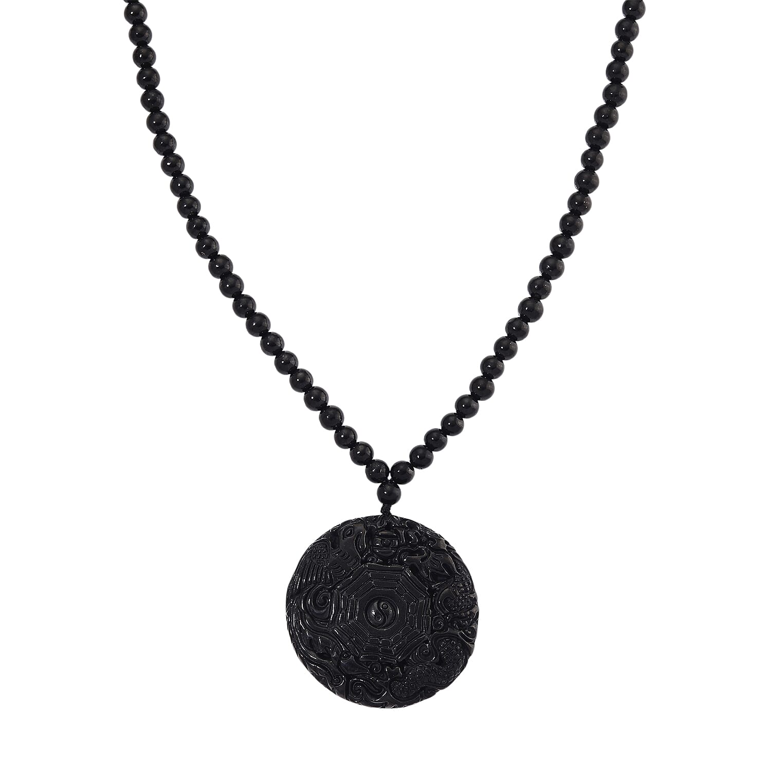 D'joy Natural Shungite Dragon and Phoenix Necklace (Size 20) in Rhodium Overlay Sterling Silver 254.55 Ct.