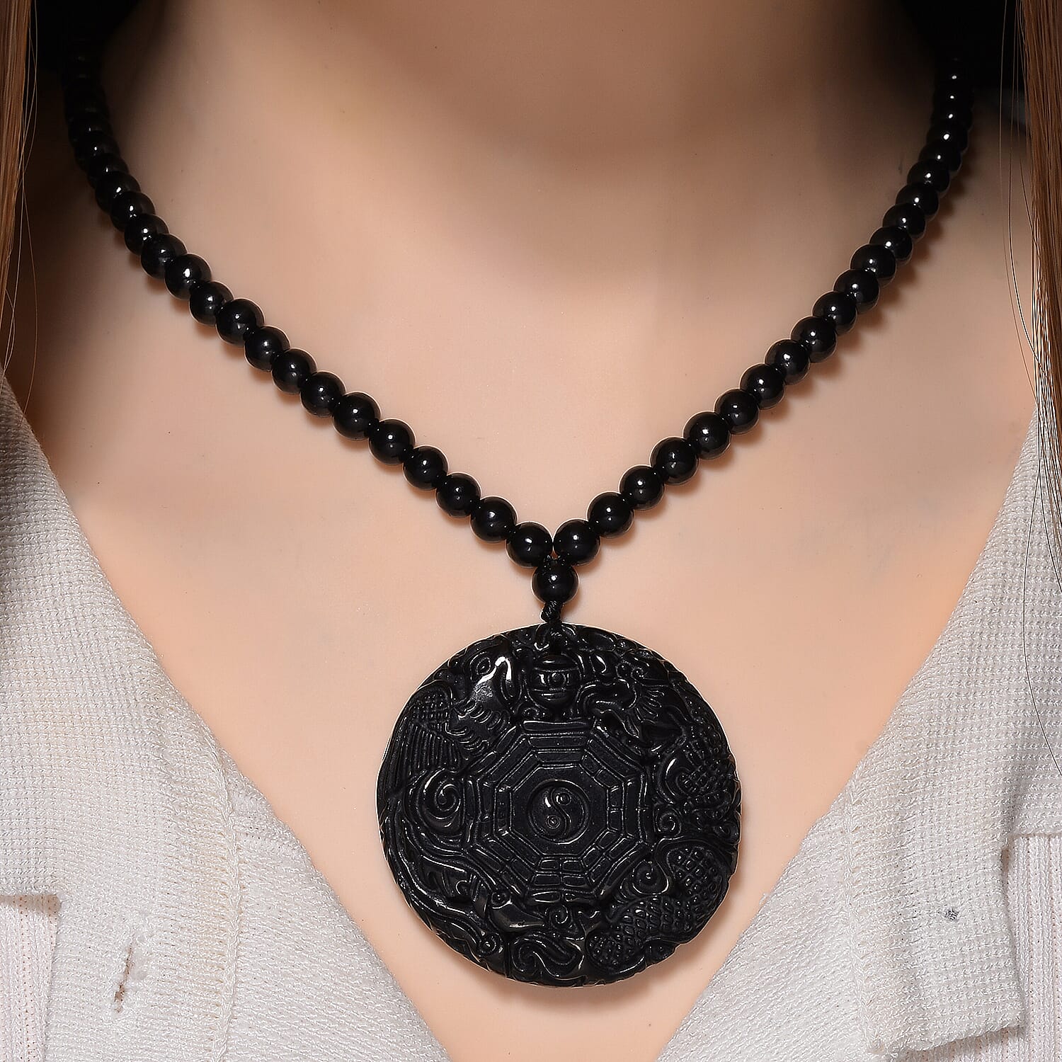 D'joy Natural Shungite Dragon and Phoenix Necklace (Size 20) in Rhodium Overlay Sterling Silver 254.55 Ct.