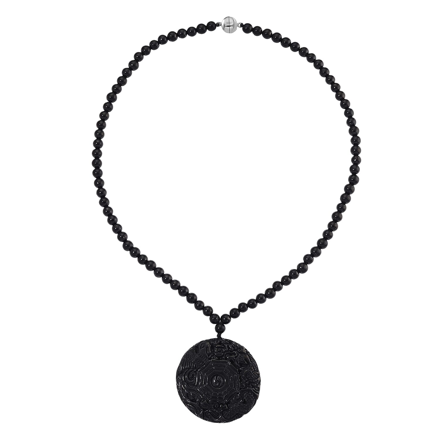 D'joy Natural Shungite Dragon and Phoenix Necklace (Size 20) in Rhodium Overlay Sterling Silver 254.55 Ct.