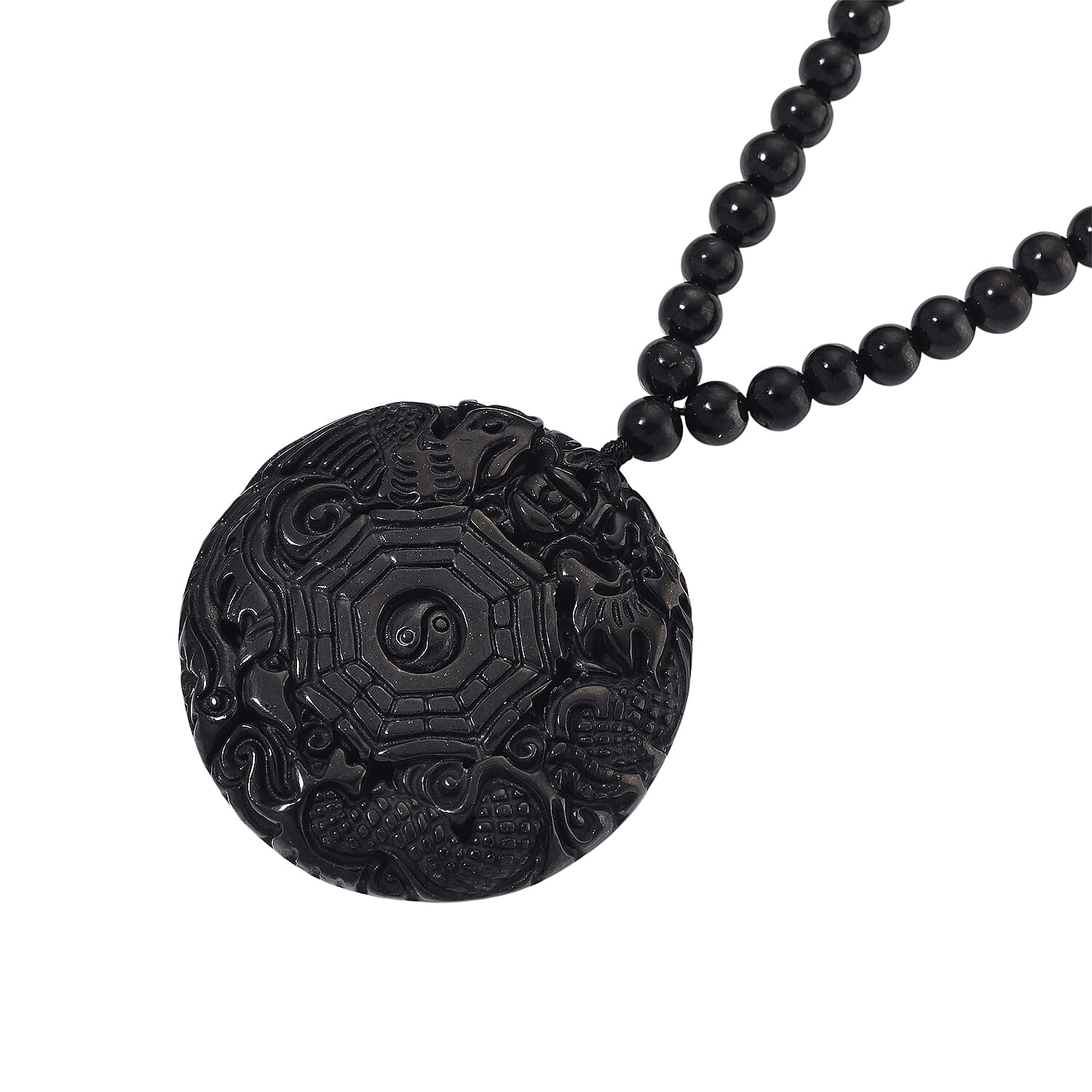 D'joy Natural Shungite Dragon and Phoenix Necklace (Size 20) in Rhodium Overlay Sterling Silver 254.55 Ct.