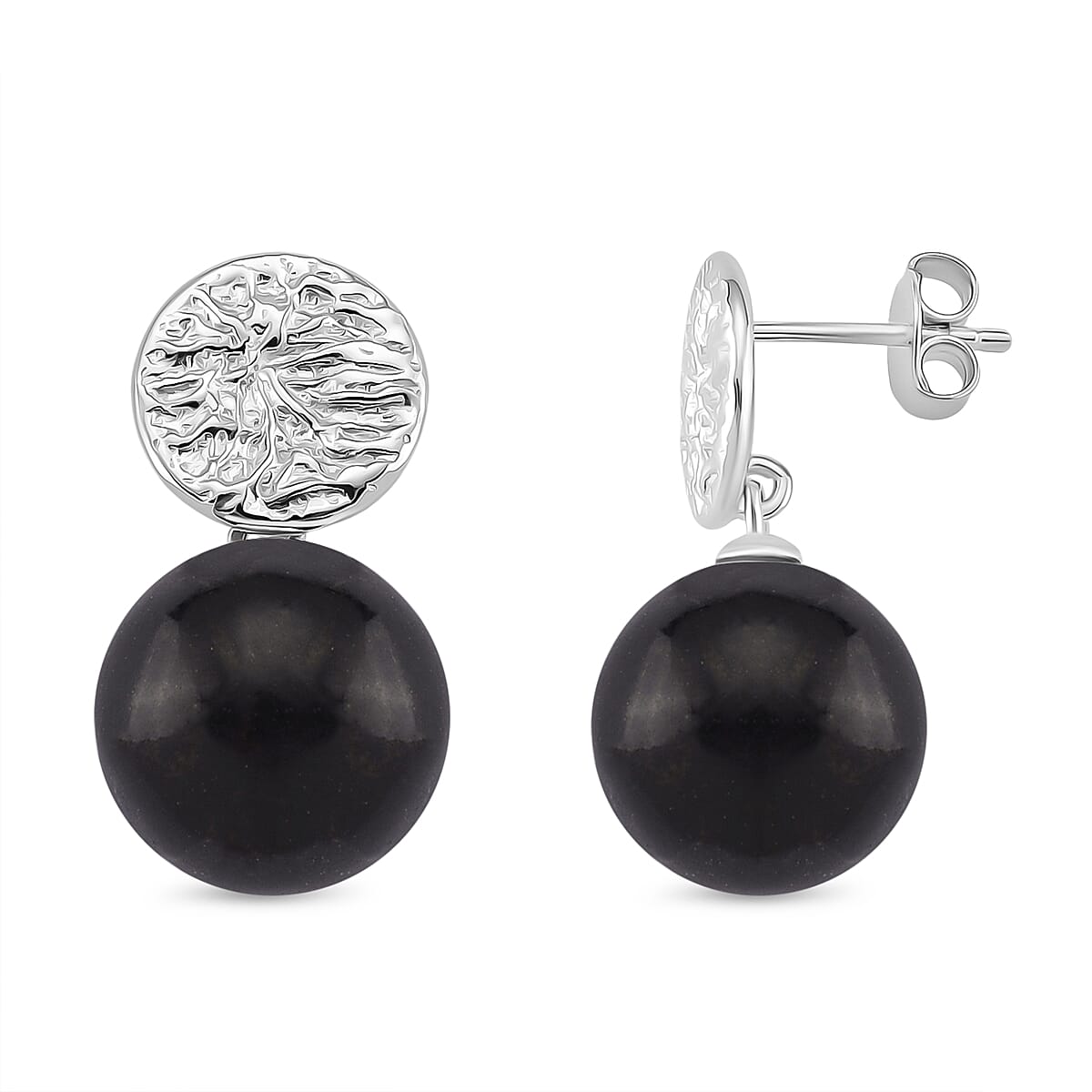 D'joy Natural Shungite Stud Push Back Earrings in Rhodium Overlay Sterling Silver 24.07 Ct.