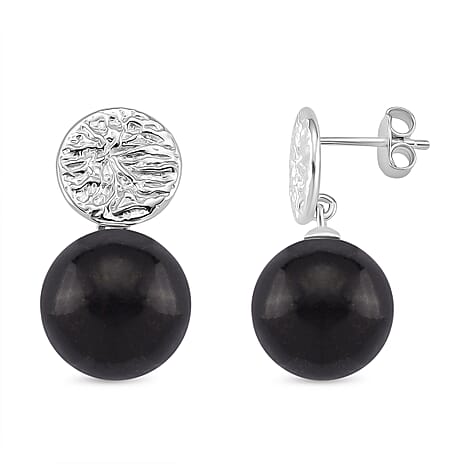 D'joy Natural Shungite Stud Push Back Earrings in Rhodium Overlay Sterling Silver 24.07 Ct.