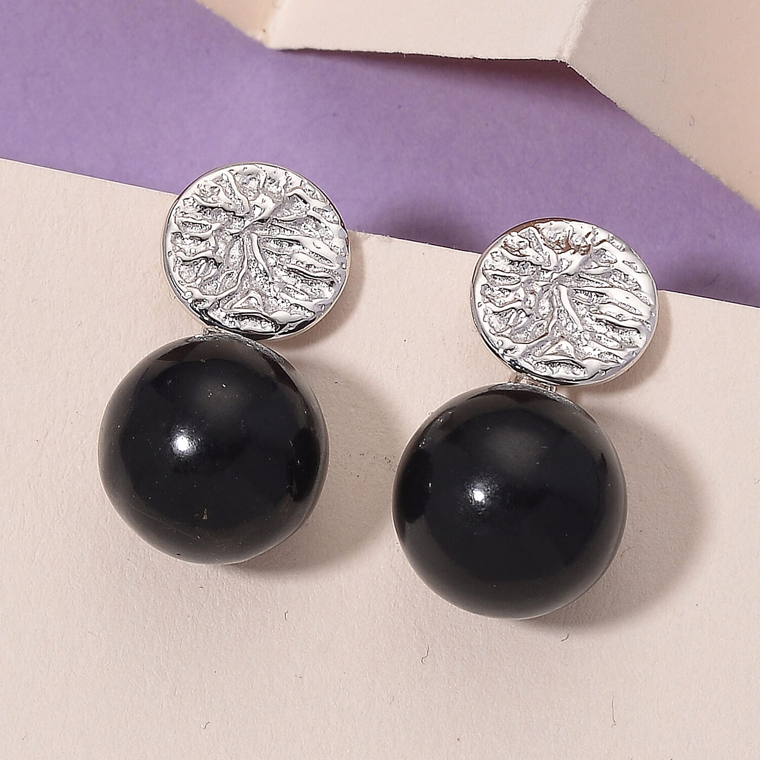 D'joy Natural Shungite Stud Push Back Earrings in Rhodium Overlay Sterling Silver 24.07 Ct.