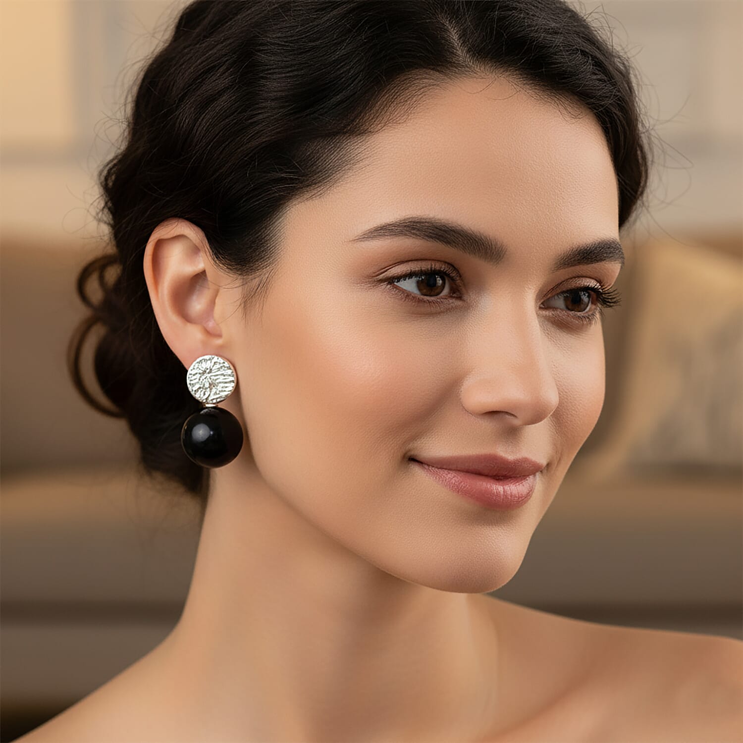 D'joy Natural Shungite Stud Push Back Earrings in Rhodium Overlay Sterling Silver 24.07 Ct.