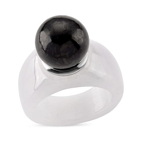 D'Joy Shungite & Natural Type A  Jadeite Ring in Rhodium Overlay Sterling Silver 30.75 Ct.