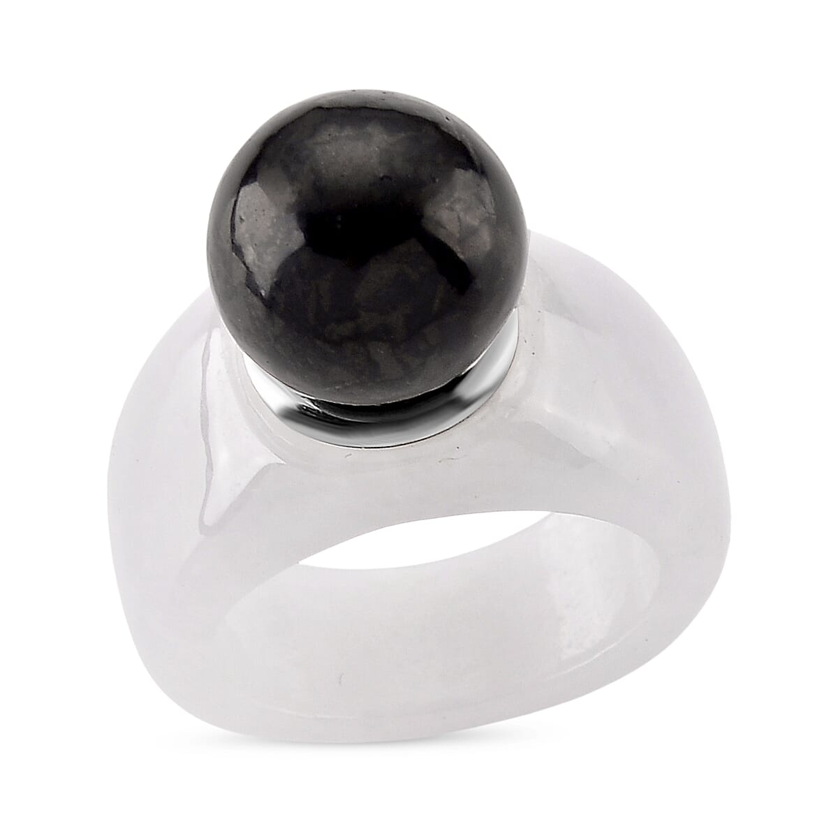 D'Joy Shungite & Natural Type A Jadeite Solitaire Band Ring in Rhodium Overlay Sterling Silver 30.75 Ct.