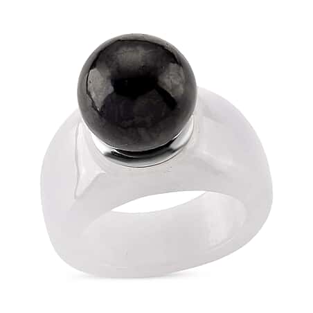 D'Joy Shungite & Natural Type A Jadeite Solitaire Band Ring in Rhodium Overlay Sterling Silver 30.75 Ct.