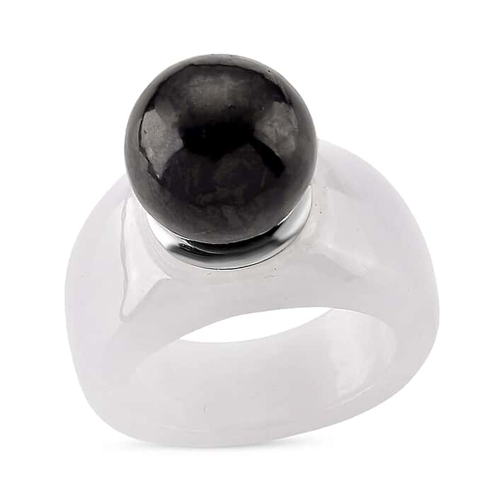 D'Joy Shungite & Natural Type A Jadeite Solitaire Band Ring in Rhodium Overlay Sterling Silver 30.75 Ct.