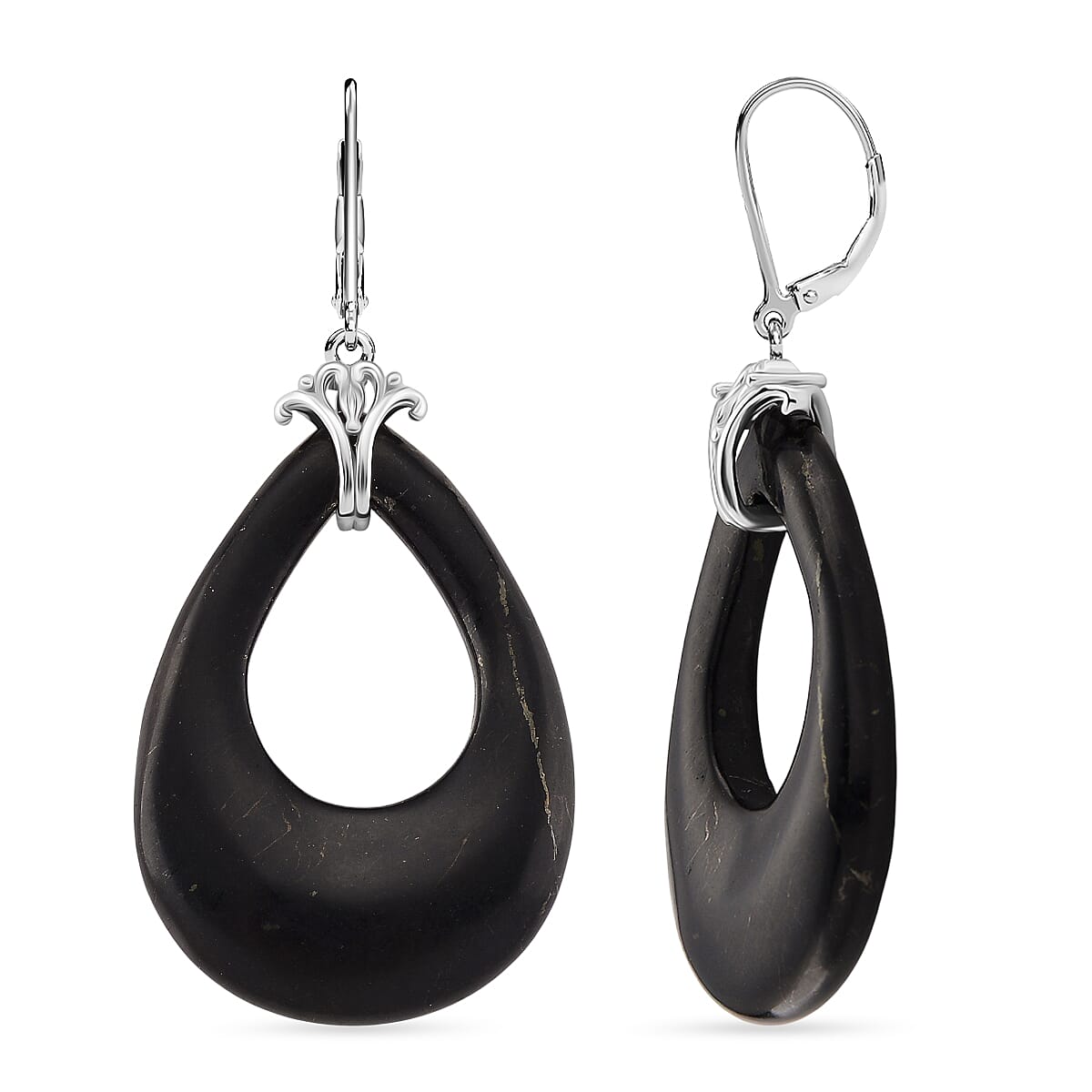 D'joy Natural Shungite Dangle Earring with Lever Back in Rhodium Overlay Sterling Silver 39.00 Ct.