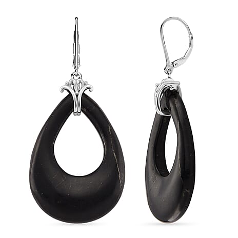 D'joy Natural Shungite Dangle Earring with Lever Back in Rhodium Overlay Sterling Silver 39.00 Ct.