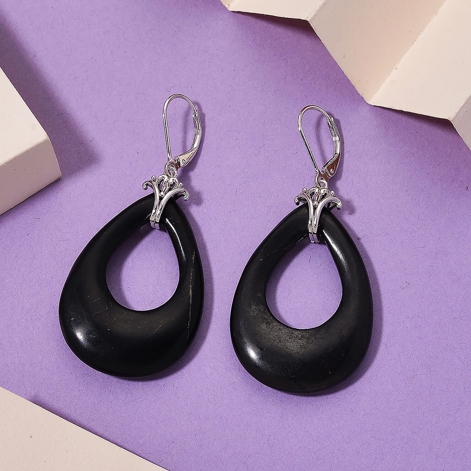 D'joy Natural Shungite Dangle Earring with Lever Back in Rhodium Overlay Sterling Silver 39.00 Ct.