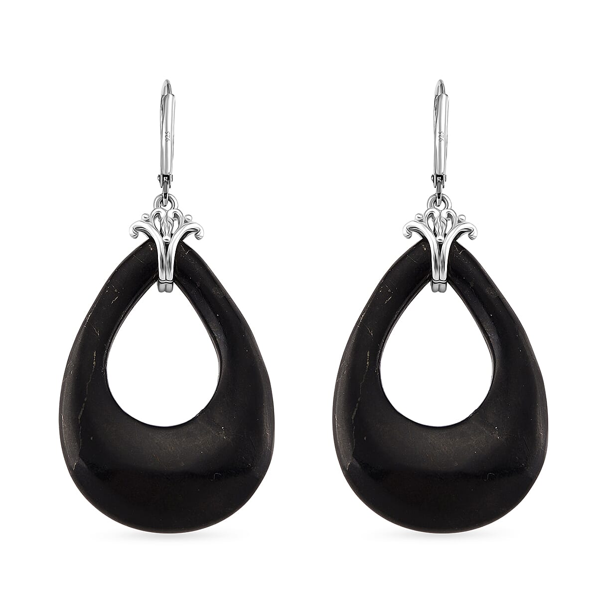 D'joy Natural Shungite Dangle Earring with Lever Back in Rhodium Overlay Sterling Silver 39.00 Ct.