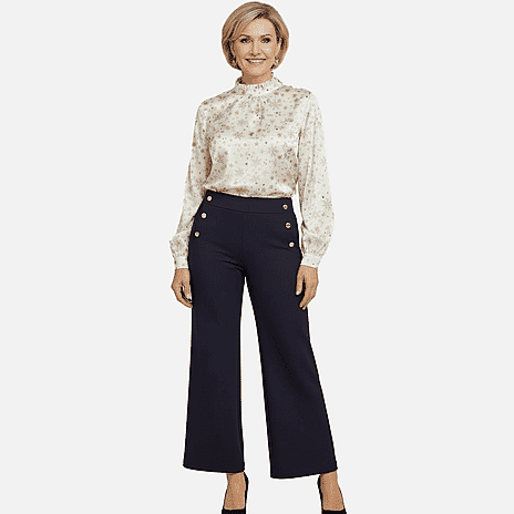 Anonymous Wide Leg Trouser With Gold Button (Size 18) - Navy