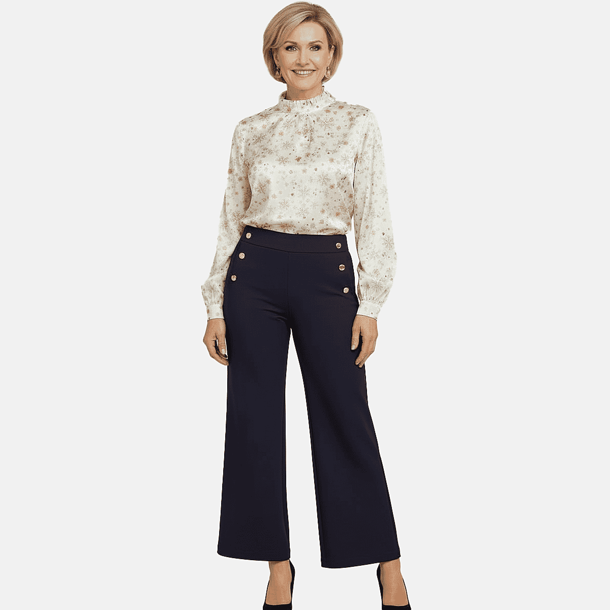 Anonymous Wide Leg Trouser With Gold Button (Size 22) - Navy