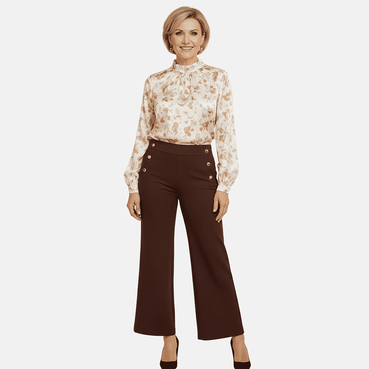 Anonymous Wide Leg Trouser With Gold Button (Size 18) - Chocolate