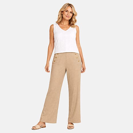 Anonymous Wide Leg Trouser With Gold Button Detail (Size 12) - Light Sand