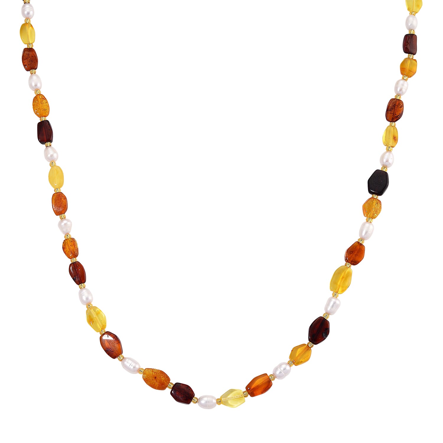 D'Joy Amber & Fresh Water Pearl Beads Necklace (Size 30) with Lobster Clasp in Rhodium Overlay Sterling Silver 100.00 Ct.