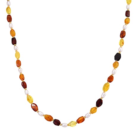 D'Joy Amber & Fresh Water Pearl Beads Necklace (Size 30) with Lobster Clasp in Rhodium Overlay Sterling Silver 100.00 Ct.