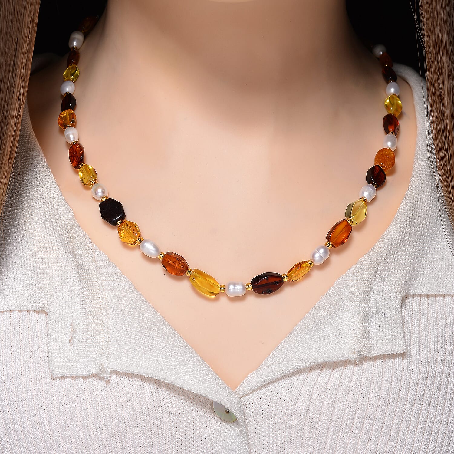 D'Joy Amber & Fresh Water Pearl Beads Necklace (Size 30) with Lobster Clasp in Rhodium Overlay Sterling Silver 100.00 Ct.