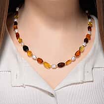 D'Joy Amber & Fresh Water Pearl Beads Necklace (Size 30) with Lobster Clasp in Rhodium Overlay Sterling Silver 100.00 Ct.