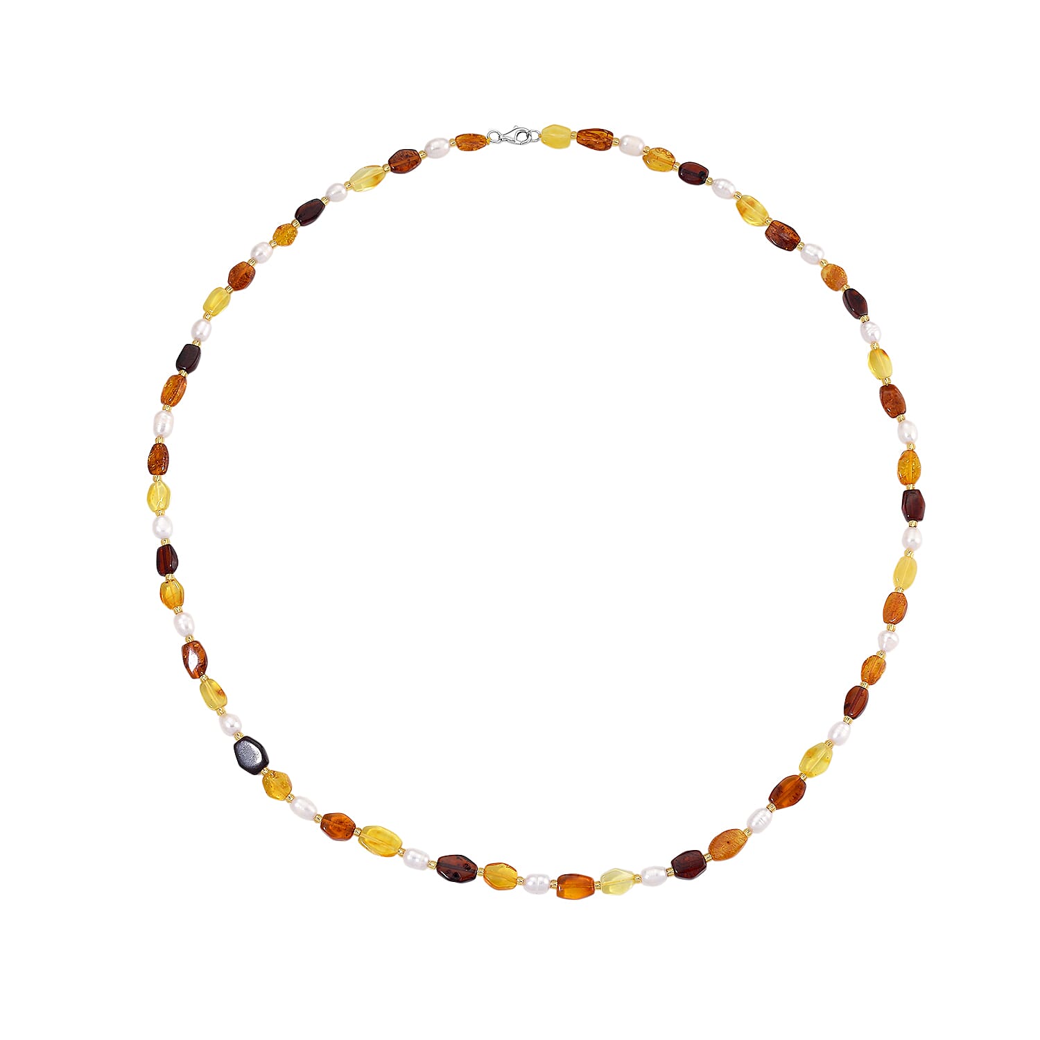 D'Joy Amber & Fresh Water Pearl Beads Necklace (Size 30) with Lobster Clasp in Rhodium Overlay Sterling Silver 100.00 Ct.