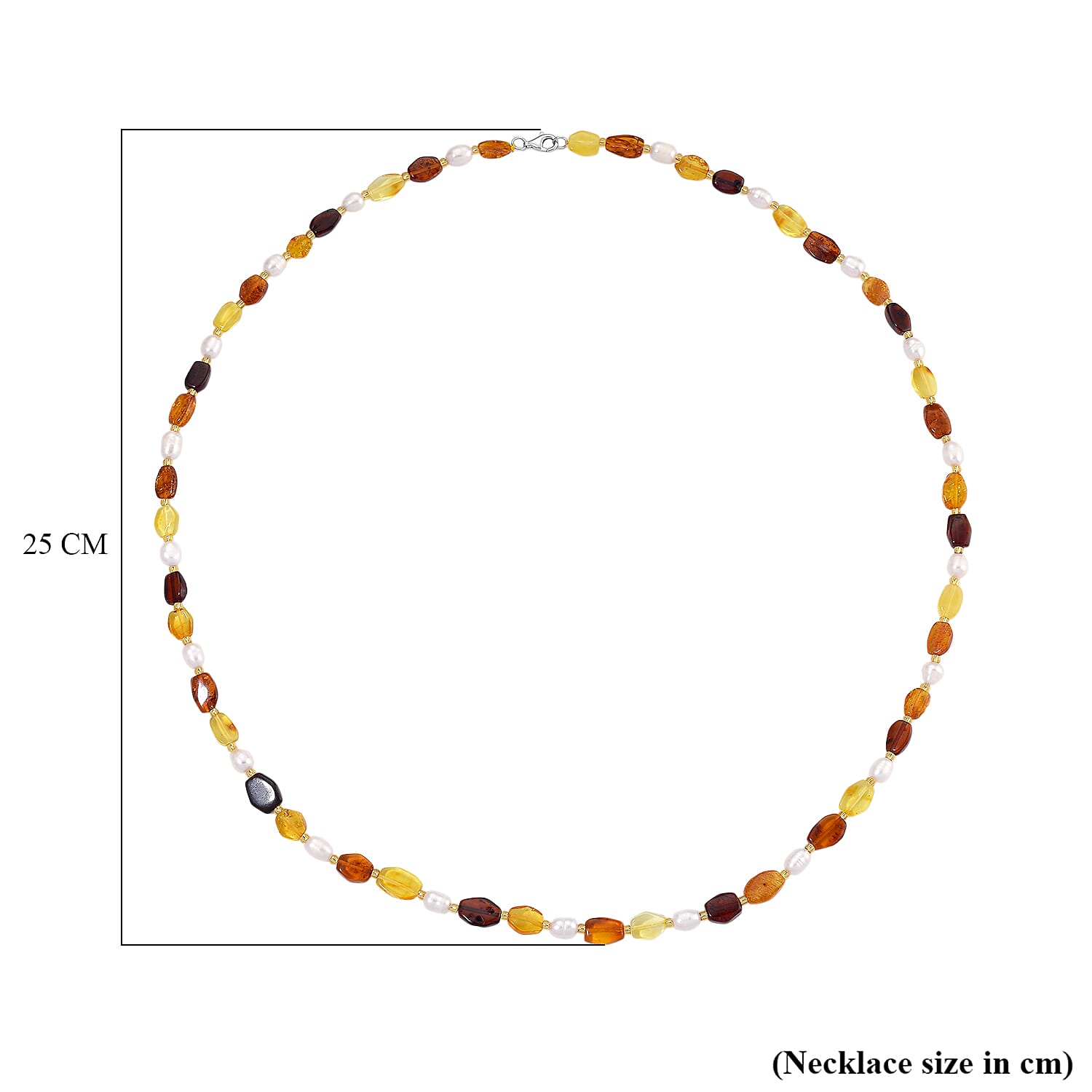 D'Joy Amber & Fresh Water Pearl Beads Necklace (Size 30) with Lobster Clasp in Rhodium Overlay Sterling Silver 100.00 Ct.
