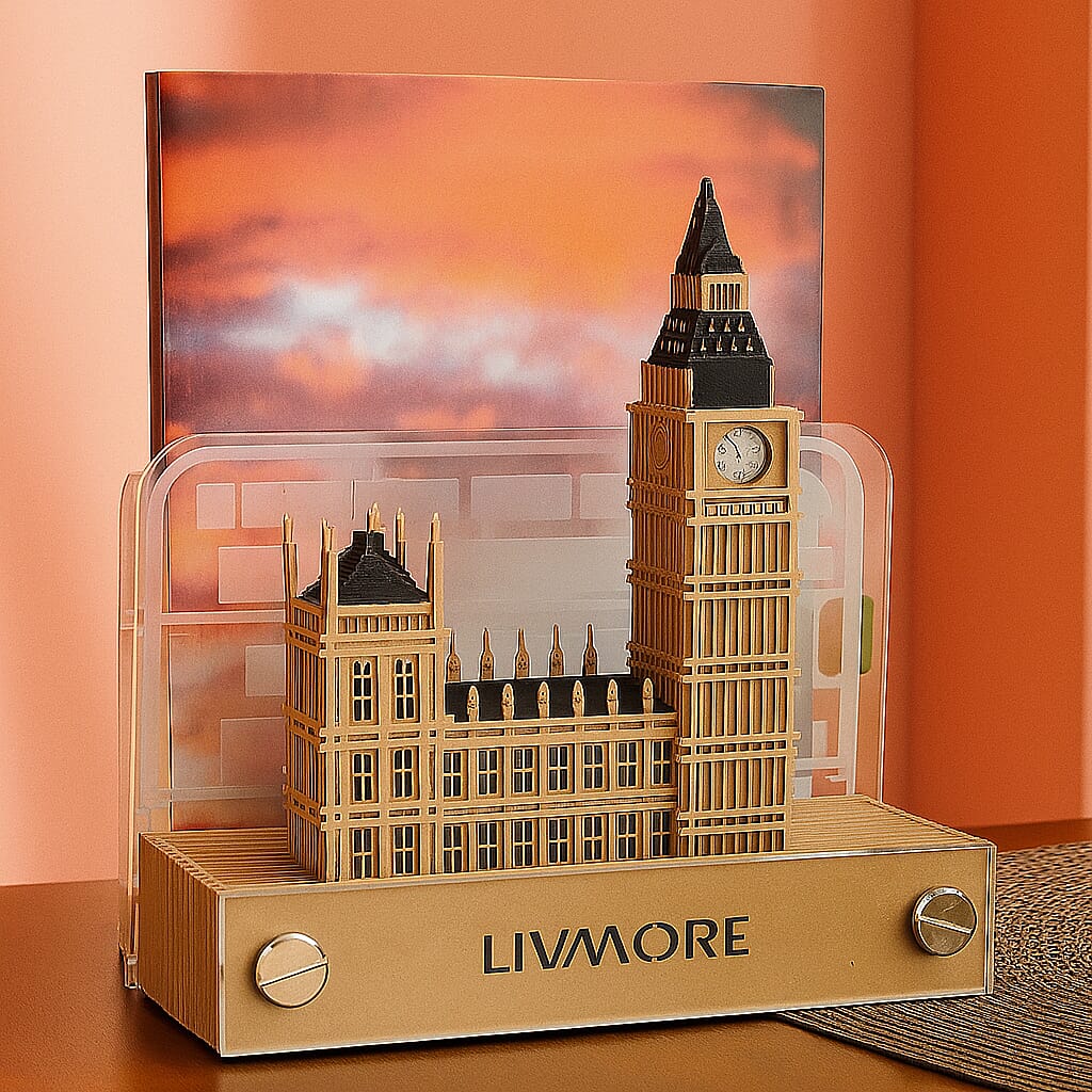LIVMORE 2026 Big Ben Sculpture Calendar & Acrylic Pen Holder - Brown