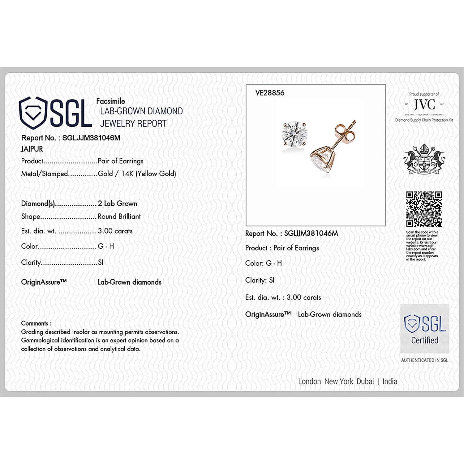 NY CloseOut-14K Yellow Gold SGL Certified Lab Grown Diamond (SI-GH) Studs 3.00 Ct.