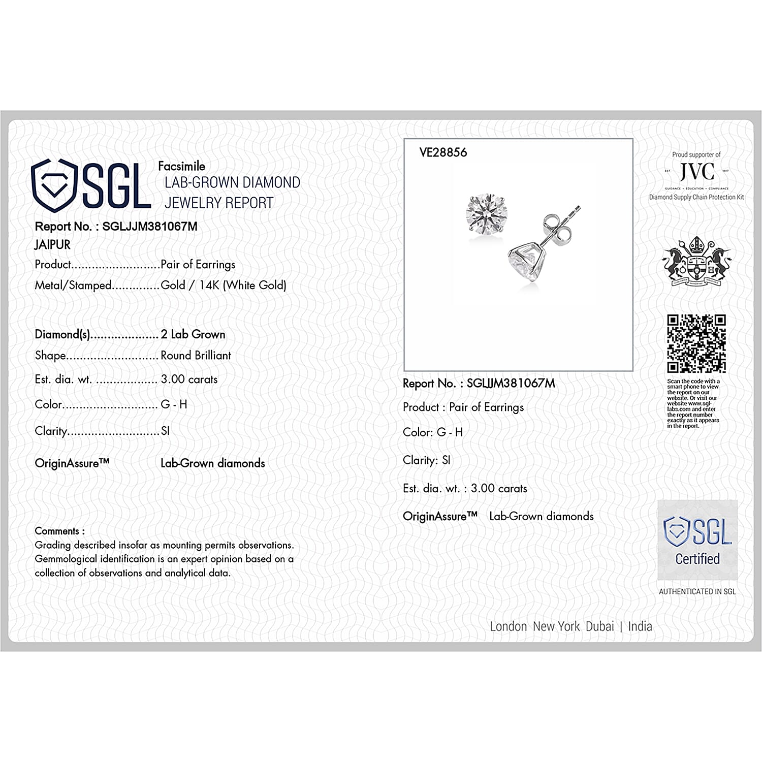 Luxuriant NY CloseOut - 14K White Gold SGL Certified Lab Grown Diamond (SI-GH) Studs Earrings 3.00 Ct.