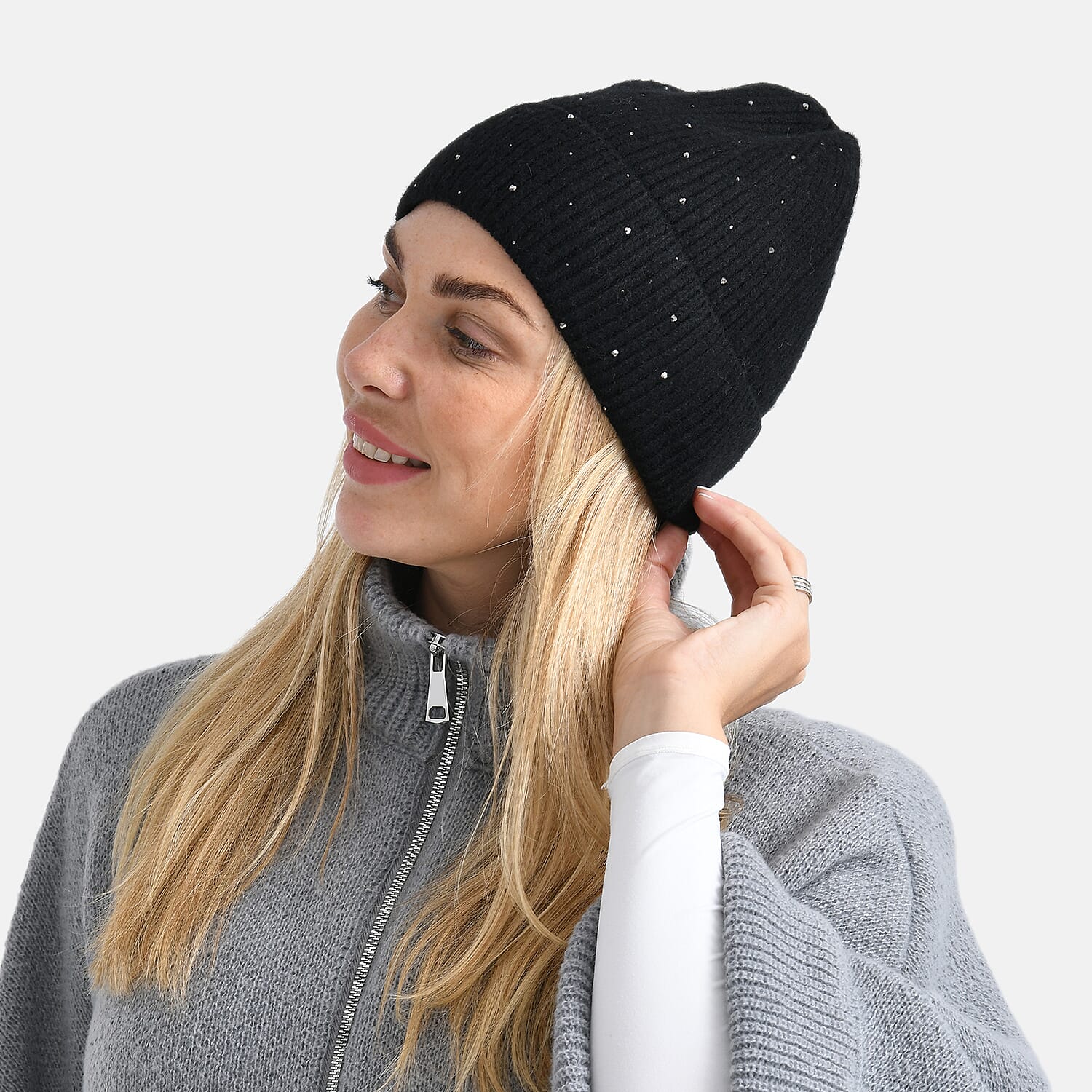 La Marey Pattern Beanie Hat (22 x 21 cm) - Black with Stones