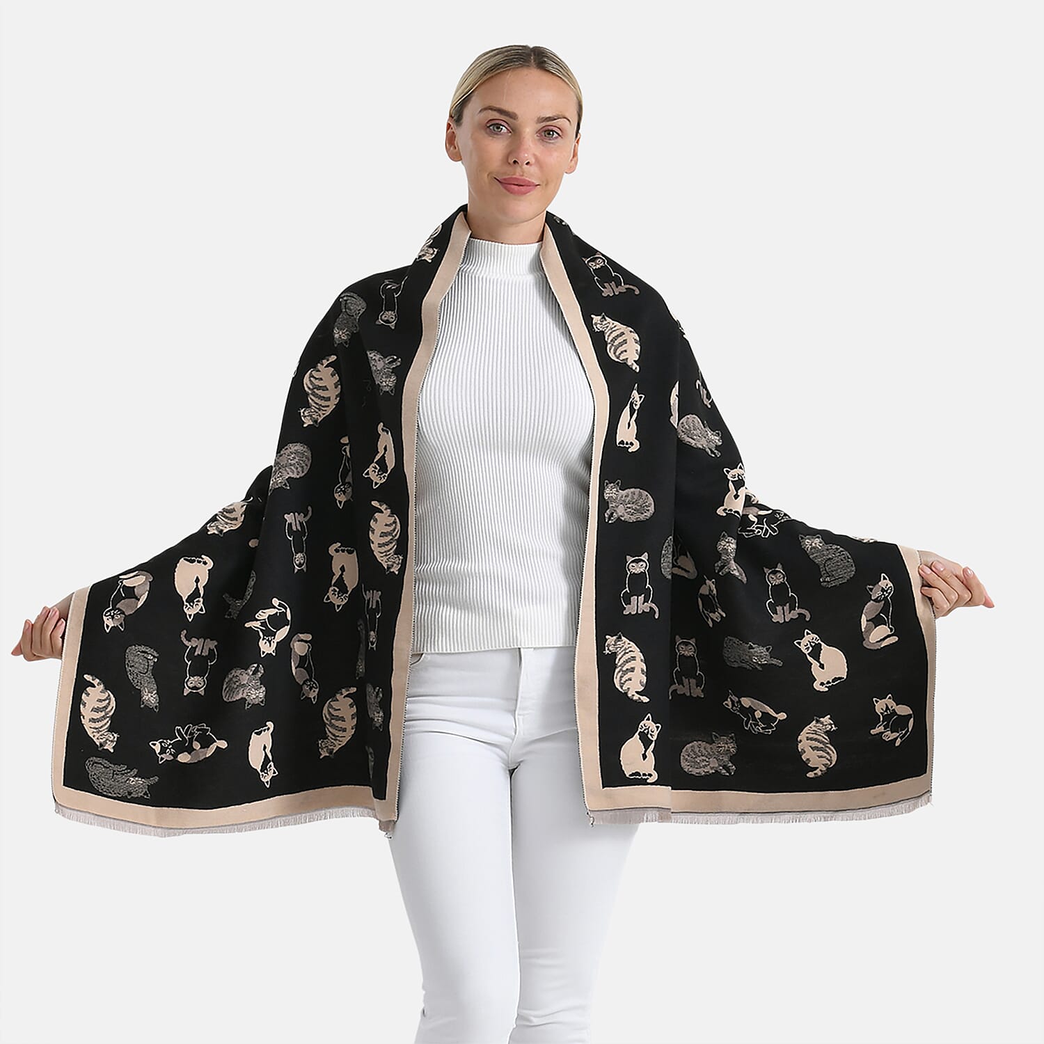 Closeout Deal- Cat Pattern Scarf (180 x 67 cm) - Black & Beige