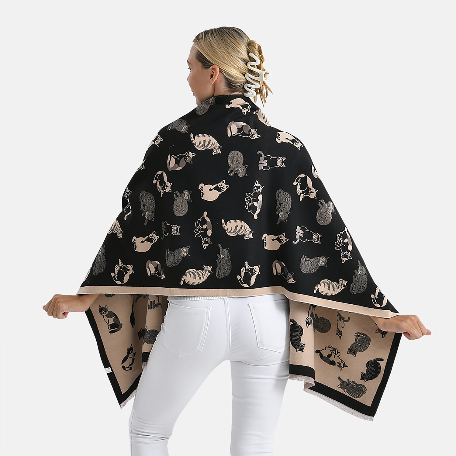 Closeout Deal- Cat Pattern Scarf (180 x 67 cm) - Black & Beige