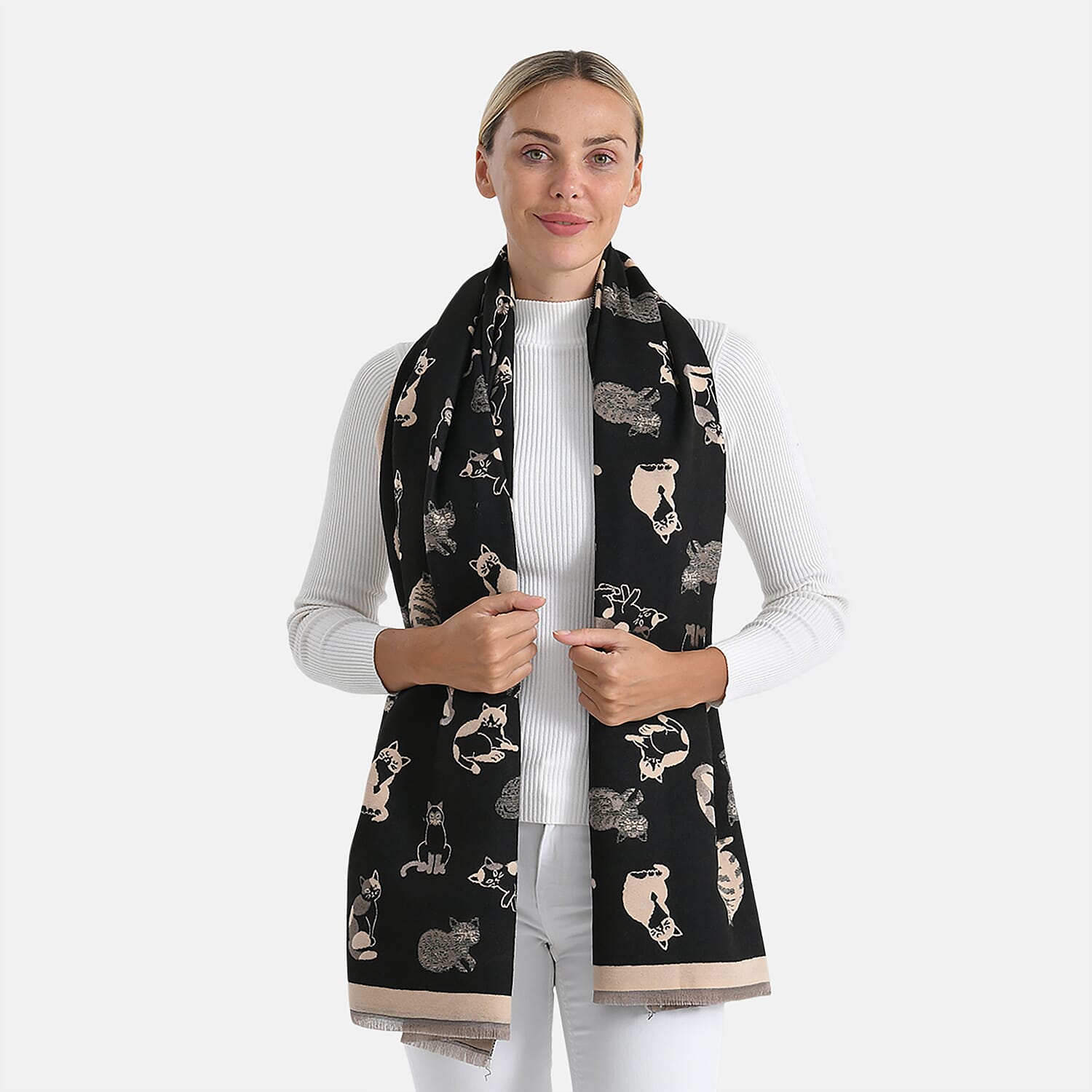 Closeout Deal- Cat Pattern Scarf (180 x 67 cm) - Black & Beige
