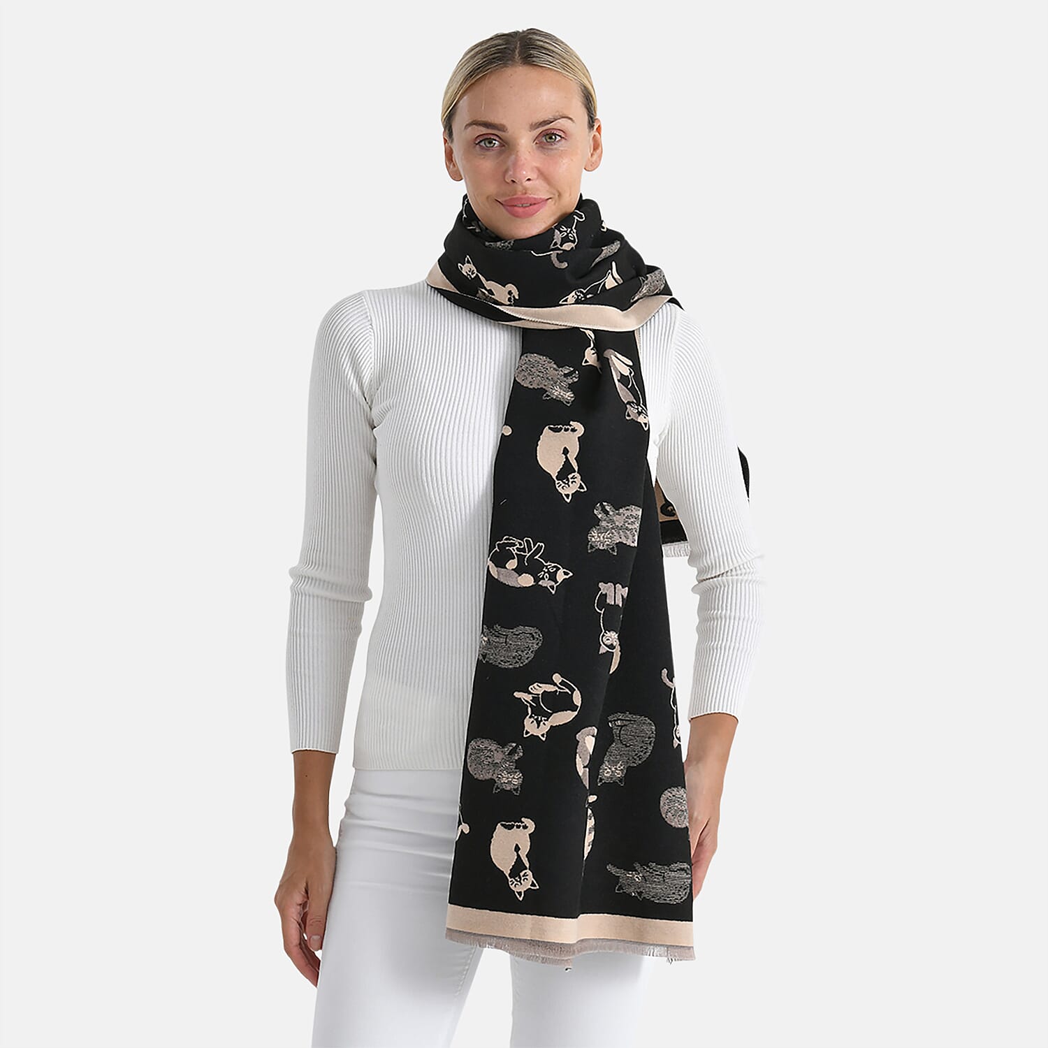 Closeout Deal- Cat Pattern Scarf (180 x 67 cm) - Black & Beige