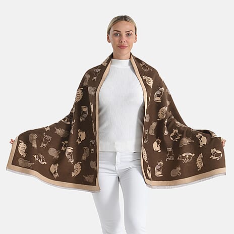 Closeout Deal- Cat Pattern Scarf (180 x 67 cm) - Brown & Beige