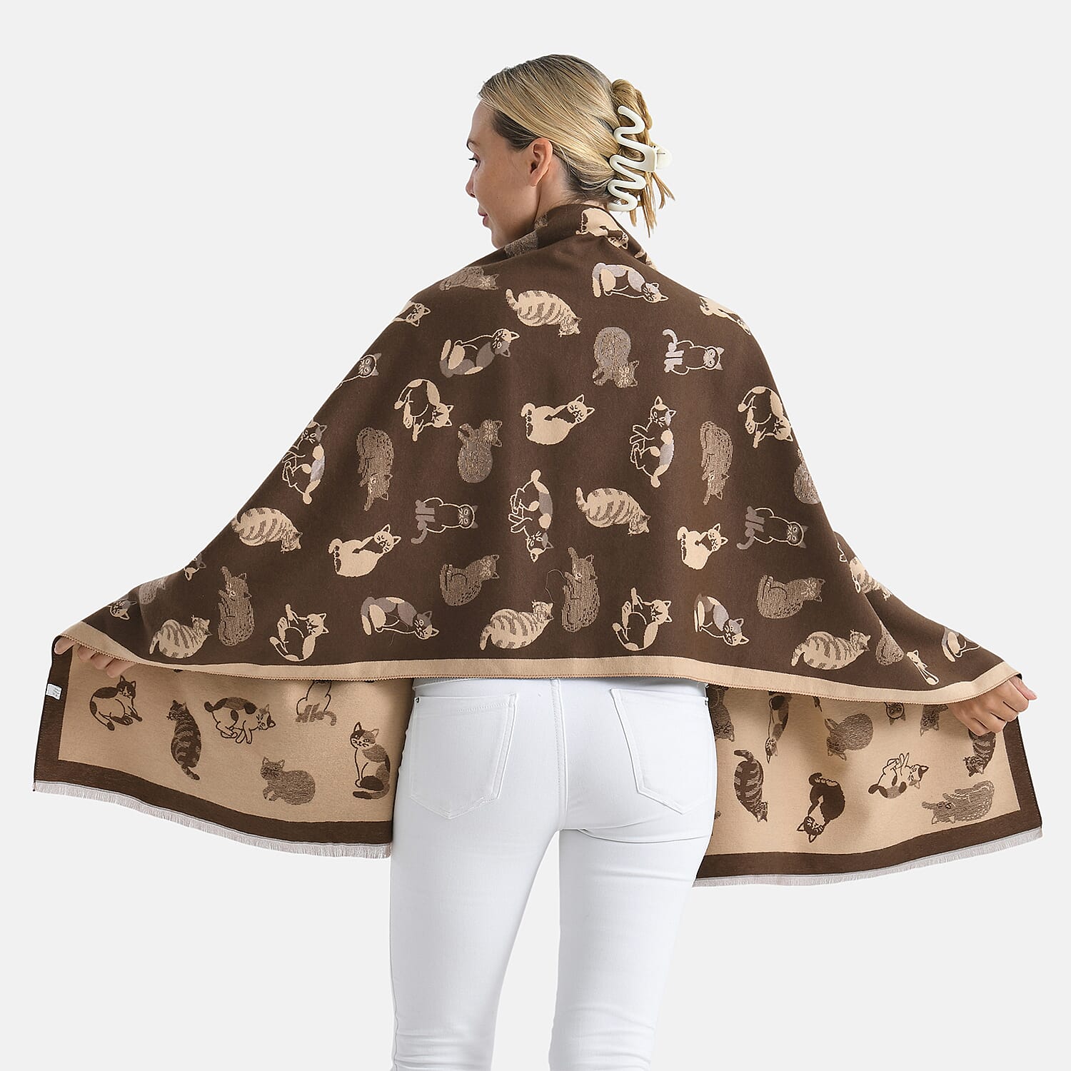 Closeout Deal- Cat Pattern Scarf (180 x 67 cm) - Brown & Beige