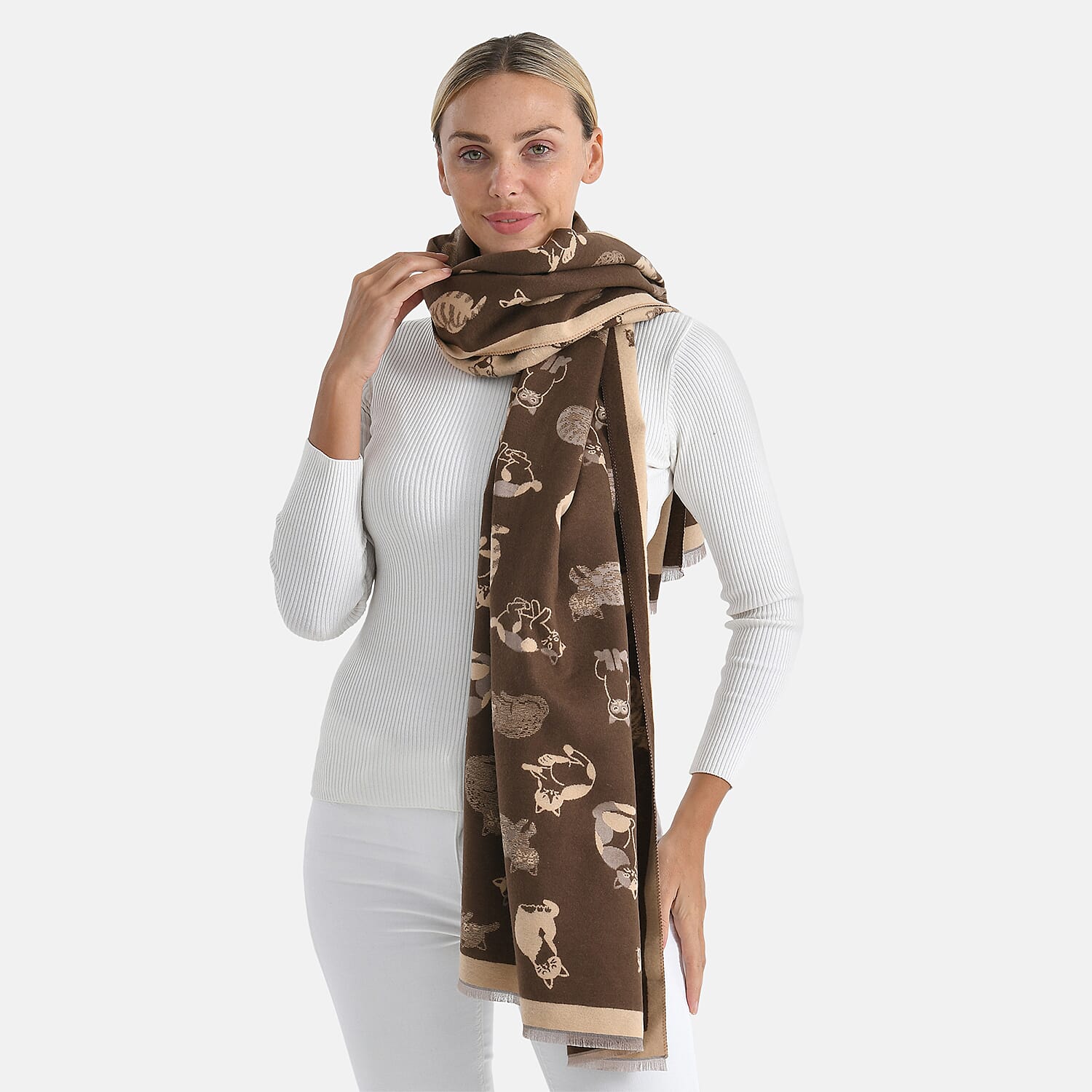 Closeout Deal- Cat Pattern Scarf (180 x 67 cm) - Brown & Beige