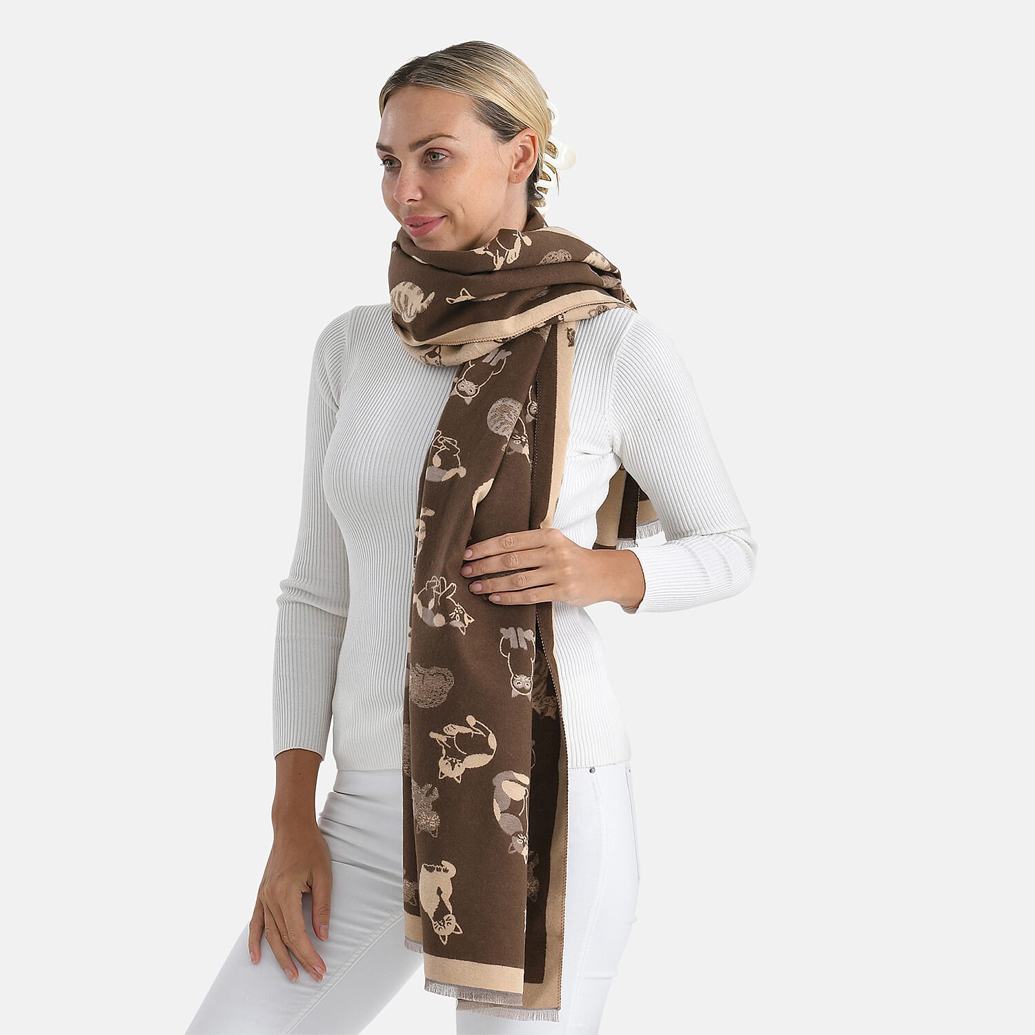 Closeout Deal- Cat Pattern Scarf (180 x 67 cm) - Brown & Beige