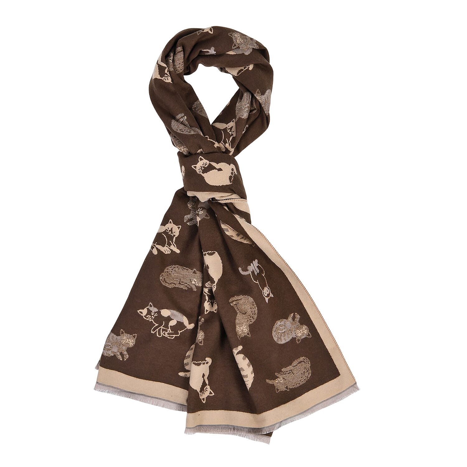 Closeout Deal- Cat Pattern Scarf (180 x 67 cm) - Brown & Beige