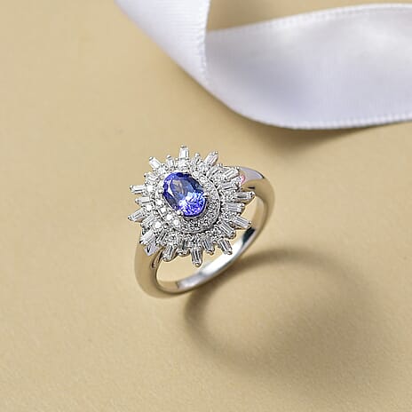 D'Joy Tanzanite & Moissanite Ring in Rhodium Overlay Sterling Silver 1.31 Ct.