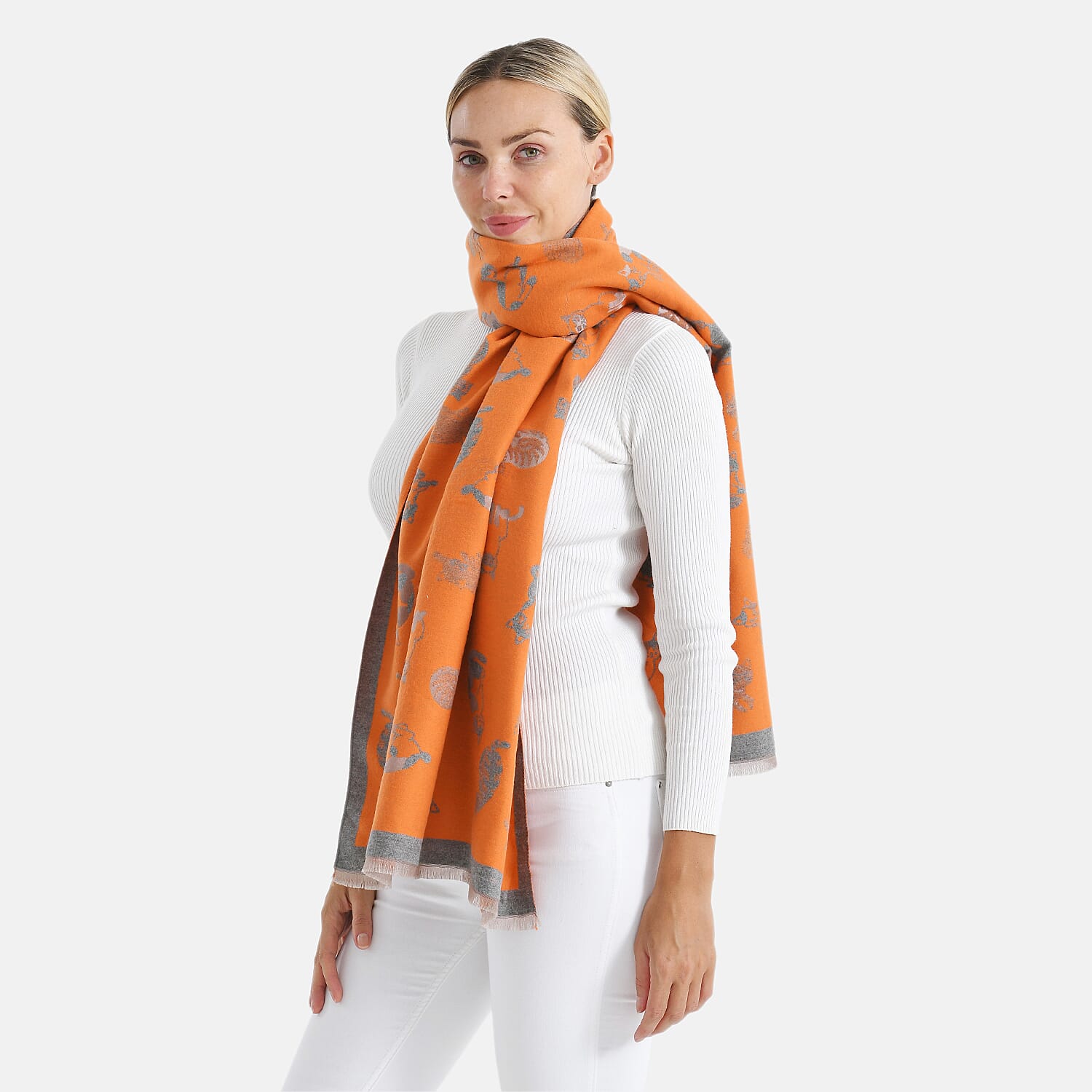 Closeout Deal- Cat Pattern Scarf (180 x 67 cm) - Orange & Grey