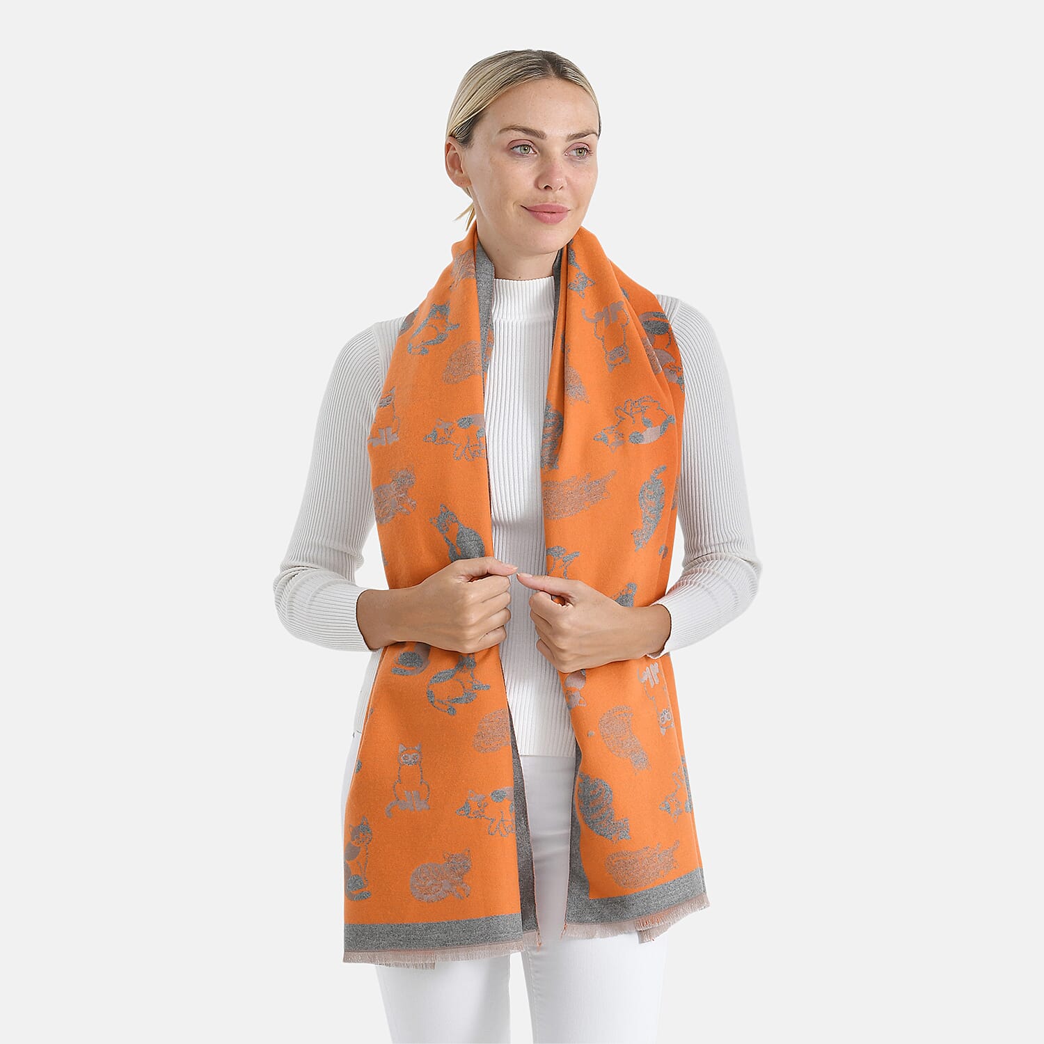 Closeout Deal- Cat Pattern Scarf (180 x 67 cm) - Orange & Grey